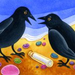 Watercolour illustration showing two blackbirds talking on seashore, colourful stones and small bottle containing message
