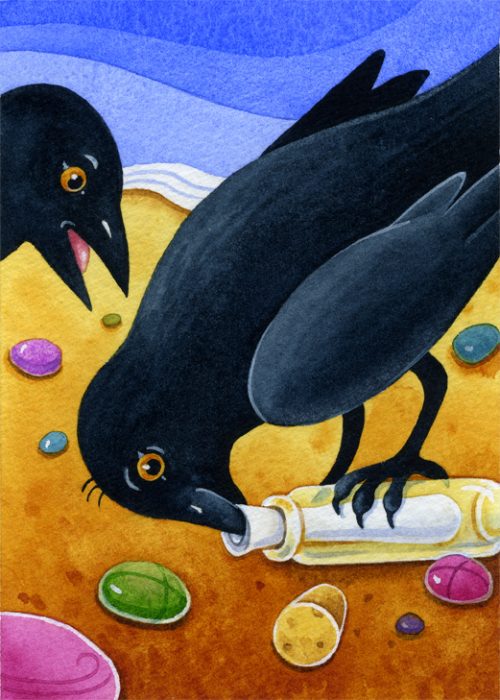 Watercolour illustration of two blackbirds on a seashore with one bird pulling message from a bottle while the other bird watches