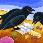 Watercolour illustration showing two blackbirds on seashore reading message from bottle that says "Greetings from afar"