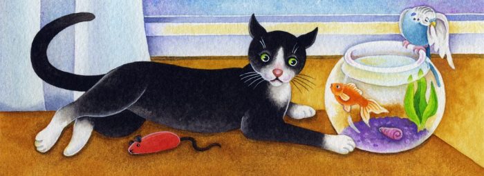 Watercolour illustration of black and white cat and a goldfish in a fishbowl watching each other, a blue budgie and a red toy mouse