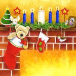 Children's book illustration showing a teddy bear in Christmas stocking hanging on fireplace mantle, Advent candles and mouse