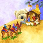 Children's book illustration of a teddy bear peeking over table edge at toy Nativity scene, angel and wise men on camels