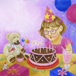 Children's book illustration of a girl wearing birthday hat blowing out candles on cake, a teddy bear, mouse, balloons, gifts