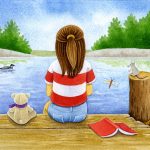 Children's book illustration showing girl, teddy bear, mouse and book sitting on dock looking at water, trees and loon