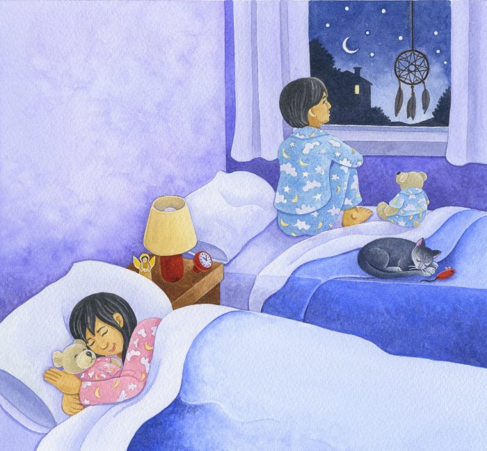 Children's book illustration showing girl sleeping with teddy bear and boy sitting on bed looking out window at night sky