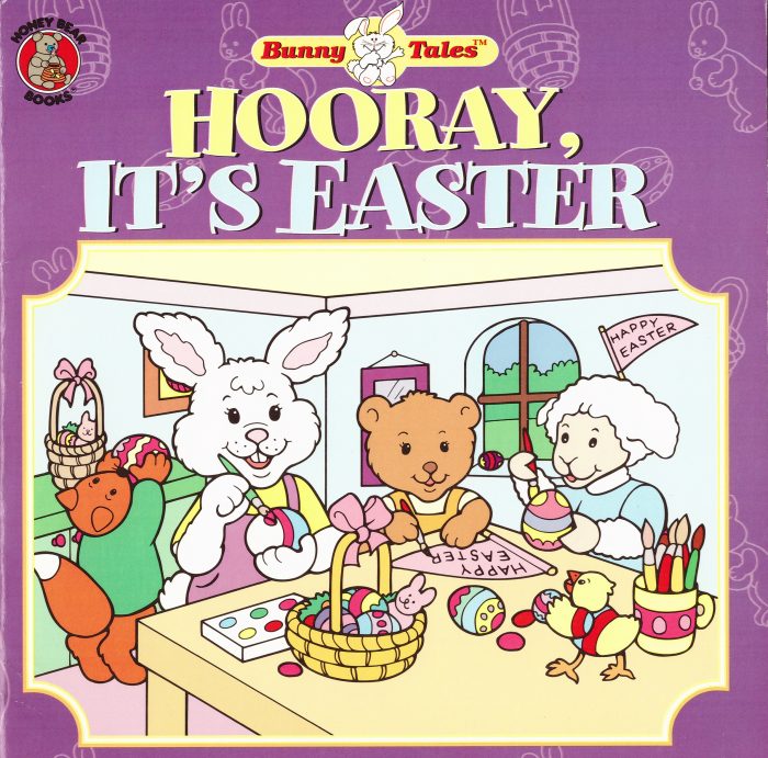 Children's book cover illustration showing a bunny, bear, lamb, fox and chick working on Easter eggs and decorations