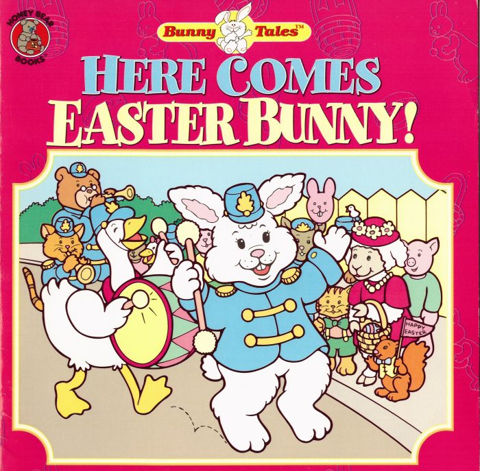 Children's book cover showing Easter Bunny leading a parade of animals in a marching band with animal spectators