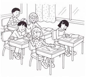 Black and white illustration of children in a classroom passing notes