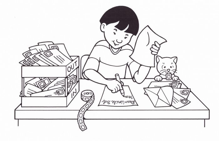 Black and white illustration of a boy sitting at a desk writing letters and a cat with a stamp on its tongue