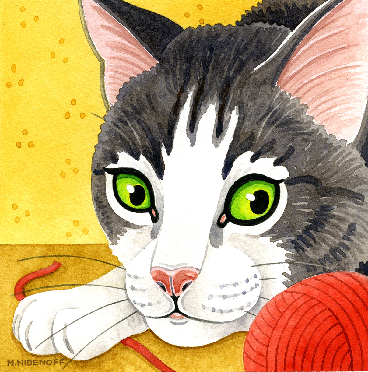 Watercolour portrait of grey striped cat, paw and red ball of wool.