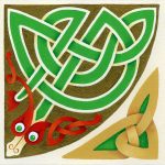 Celtic knotwork serpent with red ears and a green body in acrylic paint.