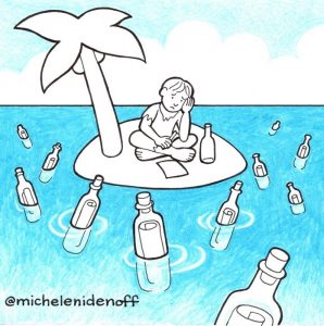 Black and white illustration with blue coloured pencil of a man sitting on a small island with palm tree surrounded by messages in bottles