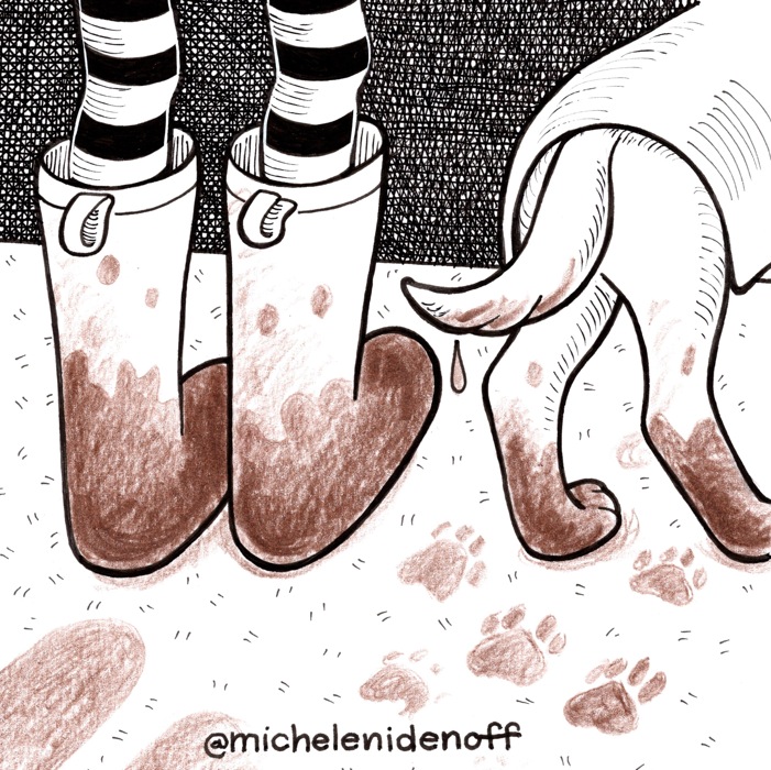 Black and white illustration with brown coloured pencil showing girl's legs and rainbows and dog's hind legs and tail with mud