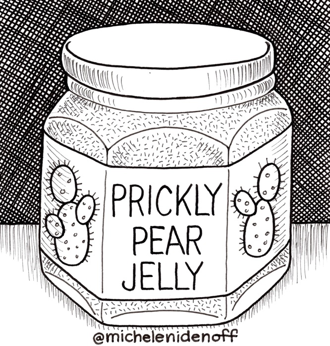 Black and white illustration of a jar of Prickly Pear jam
