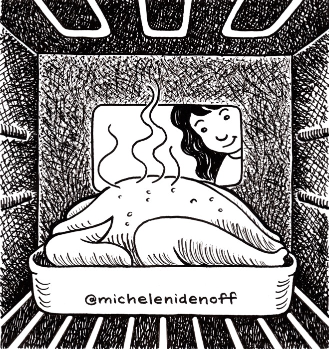Black and white illustration from inside an oven of a roasting turkey and a girl looking in the window