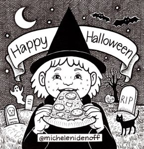 Black and white illustration of a girl dressed as a with eating a pizza slice in a graveyard with banner saying "Happy Halloween"
